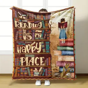 1pc Vintage Reading Is My Happy Place Flannel Throw Blanket - All Seasons Soft Knit Fabric, Digital Print, Lightweight Warmth, 250-300gsm, Polyester, Ideal for Sofa, Bed, Travel, Camping, Home Decor