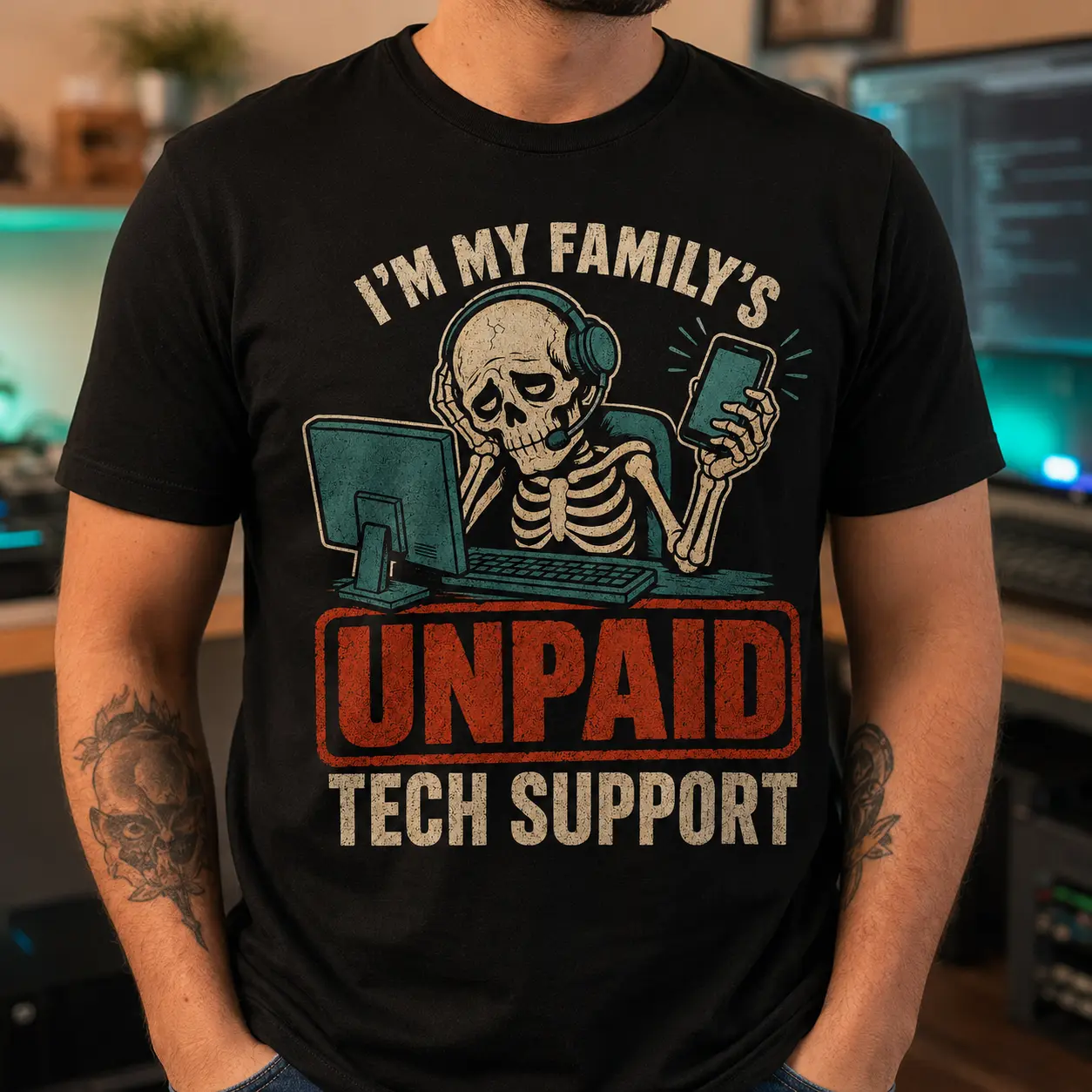 I’m My Family’s Unpaid Tech Support T-Shirt, Funny Skeleton IT Graphic Tee, Computer Technician Programmer Shirt, Geek Gift for Men and Dad
