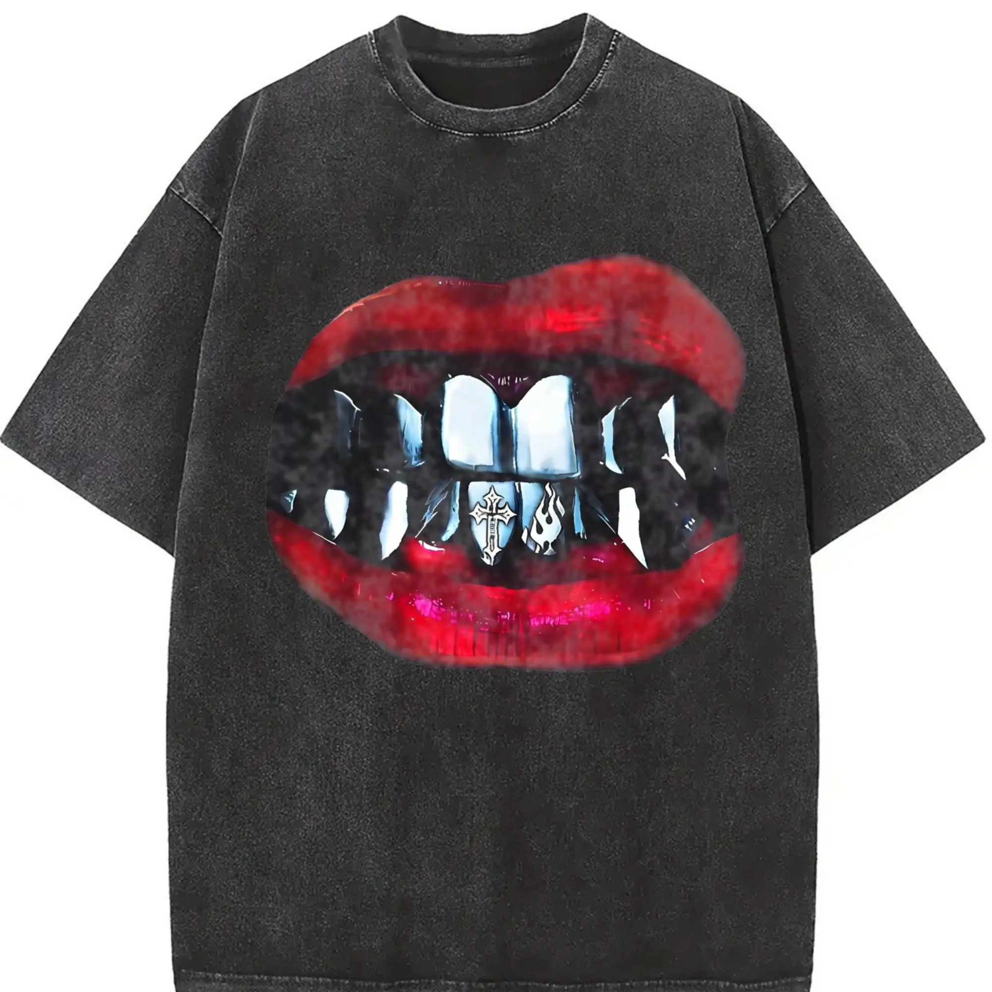 Gothic Vampire Lips Fangs Print Washed Sleeveless Tank Top Men, Retro Distressed Dark Streetwear Casual T shirt Tops