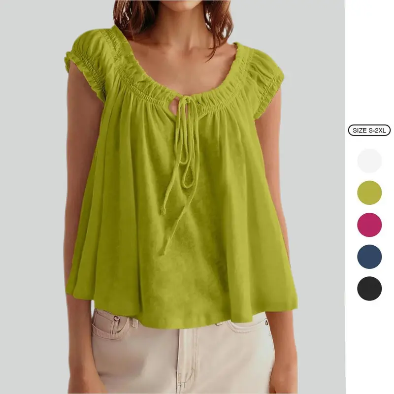 Imily Bela Women Summer Tie Front Tank Tops Cap Sleeve Pleated Babydoll Tops Casual Loose Fit Going Out Flowy Shirt