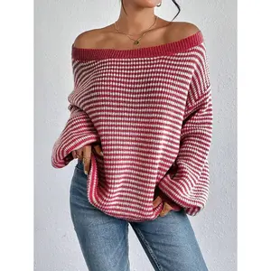 Women's Off Shoulder Striped Print Pullover Sweater