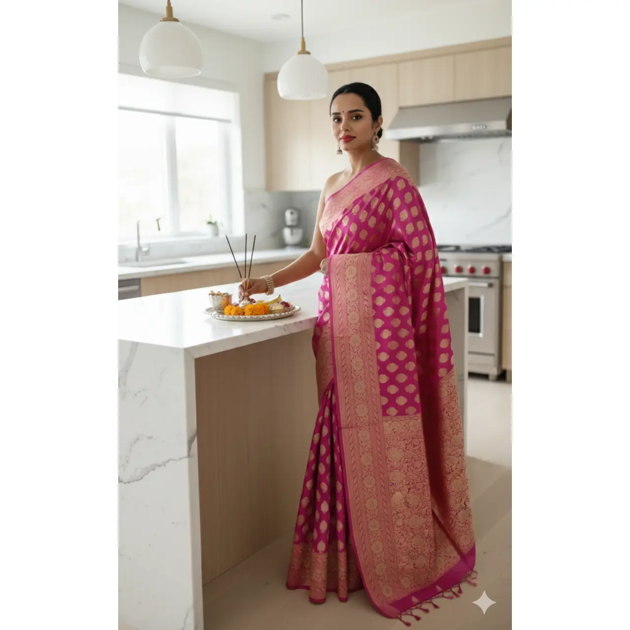 Exquisite  Handwoven Katan Silk Saree with Gold Zari Silk Mark Saree with blouse fabric - Dual tone - pinkish purple