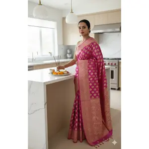 Exquisite  Handwoven Katan Silk Saree with Gold Zari Silk Mark Saree with blouse fabric - Dual tone - pinkish purple