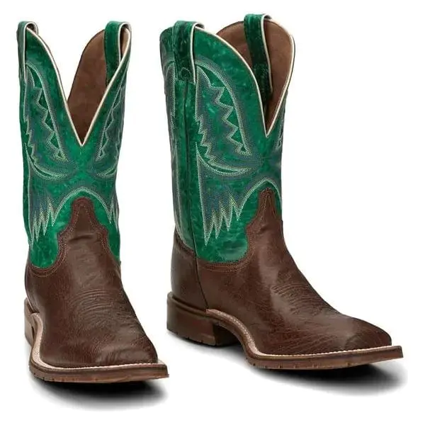 Men's Western Cowboy Boots in Ostrich Leather, Emerald Green Design Footwear with a Wide Square Toe, 11" Shaft, and Performance Sole, 11 In