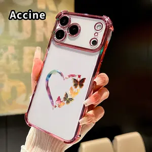 Fashionable Heart Shaped Butterfly Pattern Four Corner Anti-Fall Phone Case Transparent Electroplated Protective Cover for iPhone 17 16 Pro Max 15 Plus 14 13 12 11 E Air