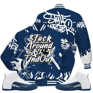 12 French Blue Varsity Jacket, Retro French Blue 12s Letterman Jackets, Graphic Meme Quote Got Em Unisex To Match Sneaker Outfit Athletic Casual Fabric Womenswear