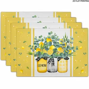 2D flat printing, 2-piece/4-piece/6-piece/8-piece lemon themed placemat set, 12X18 inches, vase with yellow and green leaves. Very suitable for dining tables, creating a rural farmhouse atmosphere, suitable for seasonal indoor or outdoor dining