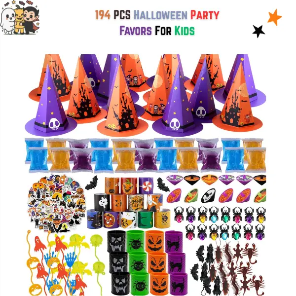 194PCS Halloween Party Favors for Kids | 18 Pack Witch Hat Goodie Bags with Halloween Slime Toys, Non Candy Halloween Treats, Trick or Treat Gifts, Classroom Prizes