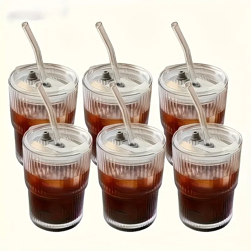 6 Pack Ribbed Glass Cups with Lids Straws Reusable Iced Coffee Cups Dishwasher Safe for Tea Juice Milk Tea Milkshakes