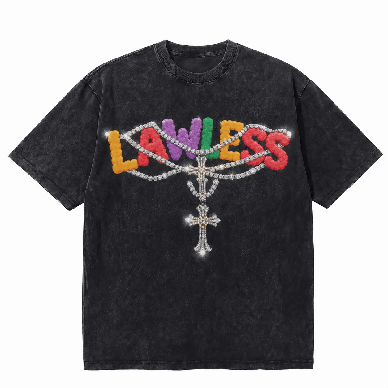 LAWLESSROW Diamond Cross Vintage Acid Wash Tee