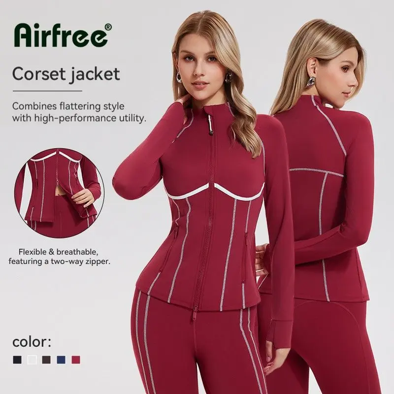 Airfree Women Lined Collar Zipper Solid Color Long Sleeve Shapewear Jacket with Pockets - Sculpting Fit Athletic Jacket, Everyday Activewear