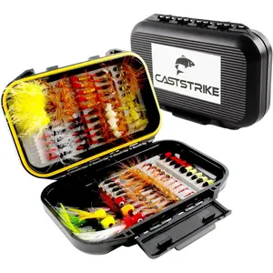 100pcs Fly Fishing Flies Kit Dry Wet Nymph Streamer Lures Set Fishing Tackle Hooks for Trout Bass Salmon with Waterproof Double Sided Fly Box Hand Tied Assorted Fly Lures