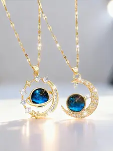 Dreamy Blue Planet Moon Pendant Necklace, High-Quality Jewelry, Fashion Upgrade, Perfect for Daily Wear, Christmas, New Year, Valentine's Day, Modern versatile accessories
