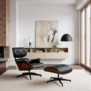 Mid-Century Modern Lounge Chair & Ottoman Set - Genuine Leather, Wood Frame, 15° Recline, Easy Assembly (2-Box Delivery)