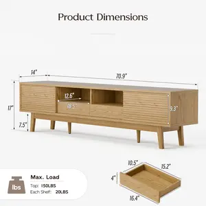 70" TV Console, Mid Century Modern Media Console for 55/65/75 Inch TV, Low Profile TV Stand with Fluted Sliding Doors, Boho Light Wood Credenza for Living Room, Oak