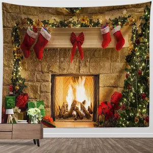 Christmas Tapestry Big Size 60 x 80, Christmas Wall tapestry Fireplace Fabric Wall Hanging Decor for Winter Holiday Backdrop, Red Ornaments Decoration