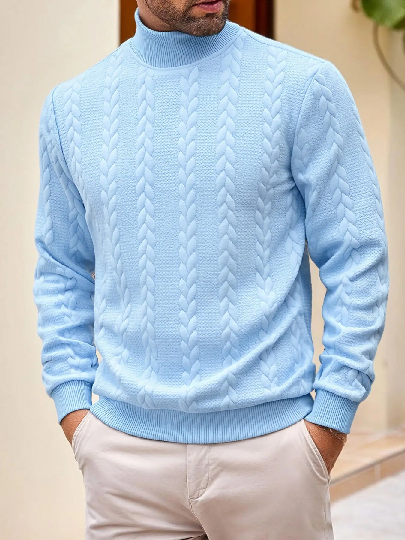 Men's High-Neck Casual Fitted Sweater Pullover Tops Long Sleeve, Warm Winter Textured Plain Knitwear, European & American Fashion Style Large Size Clothing