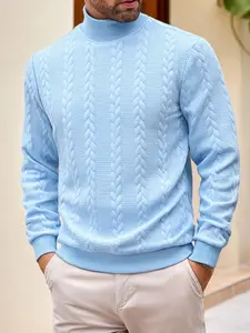Men's High-Neck Casual Fitted Sweater Tops, Warm Winter Textured Plain Knitwear, European & American Fashion Style Large Size Clothing