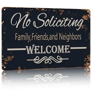 "No Soliciting Family Friends Neighbors Welcome" Metal Sign 8x12" Aluminum Wall Decor - Retro Distressed Home Decor for Front Door & Porch