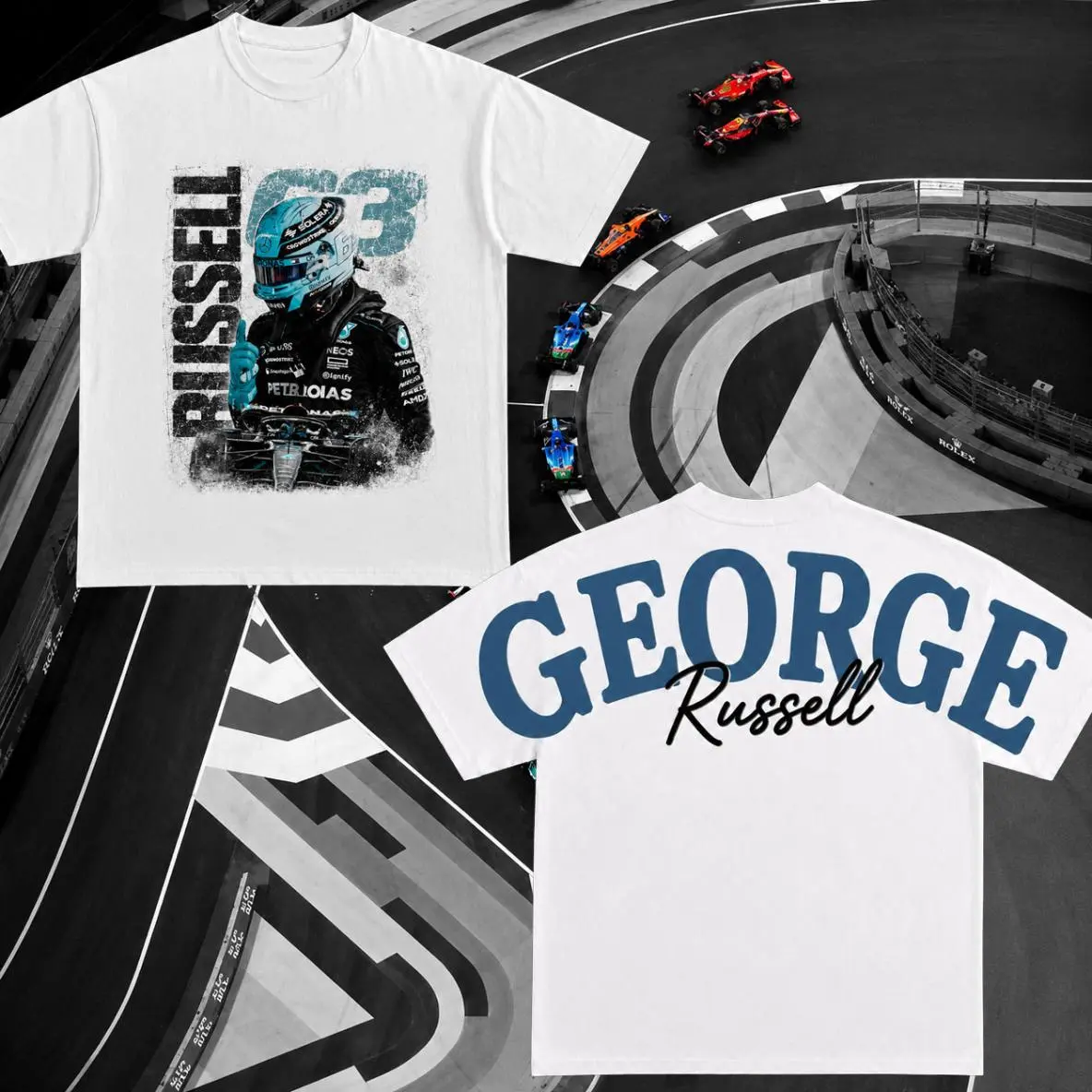 George Russell No. 63 Racing Graphic T-Shirt – Helmeted Driver Grunge Front Print, Bold Name Back, Oversized Unisex Motorsport Tee