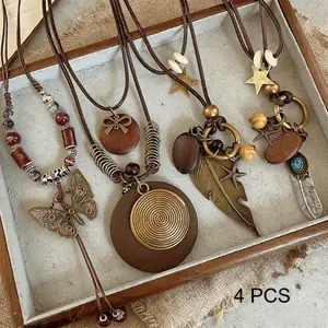 4 Pcs Boho Vintage Necklaces Set for Women, Retro Bohemian Layered Pendant Necklaces, Ethnic Tribal Butterfly Feather Star Charm Necklaces, Hippie Jewelry Gift for Her