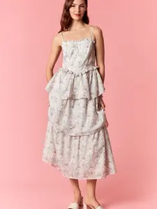 Floral Printed Eyelet Fabric with Side Cutout & Ruffle Layered Sleeveless Maxi Dress