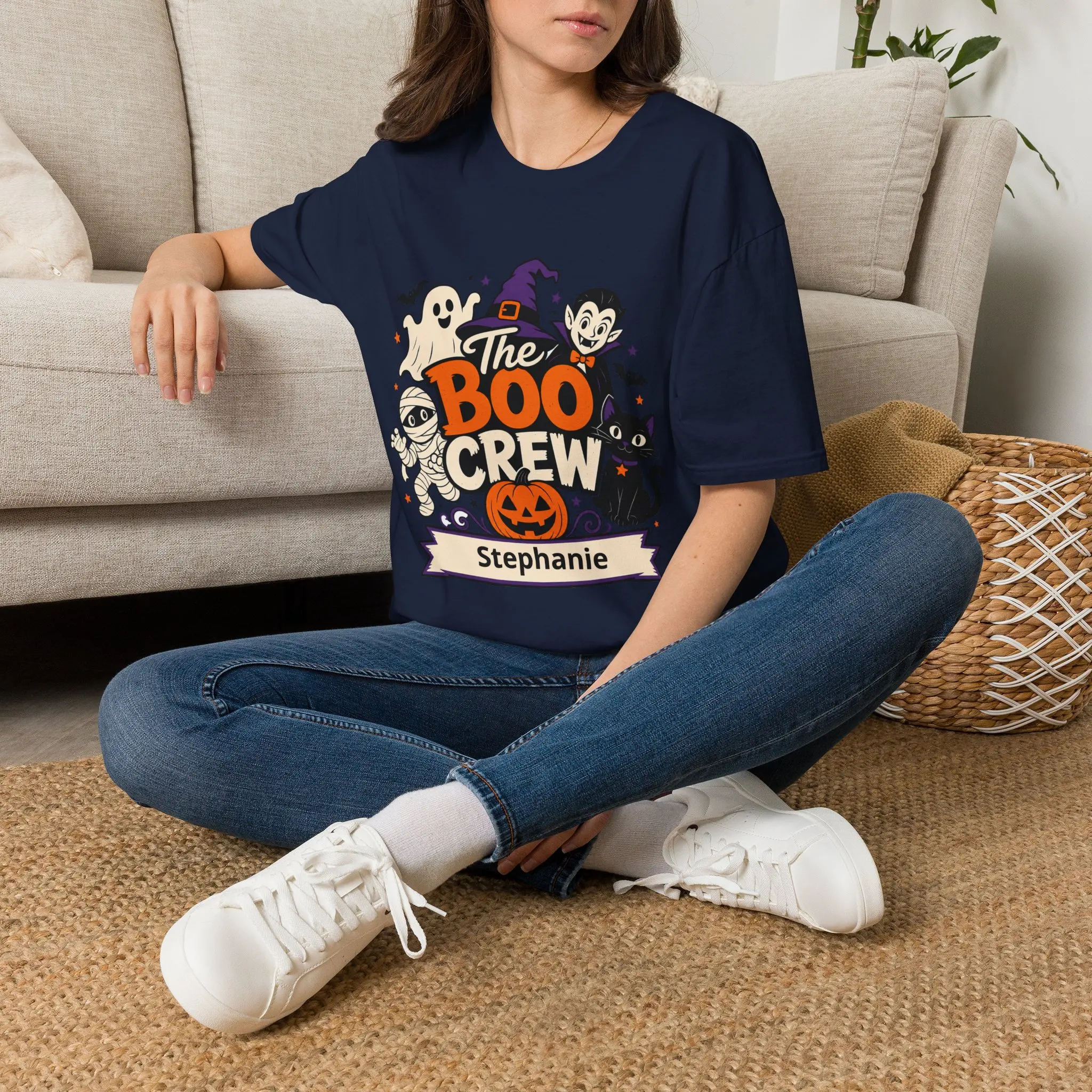 Boo Crew Halloween Custom Cotton T-Shirt - Matching Family Crewneck Sweatshirt, Cartoon Scene, Classic Fit, Cold Wash Safe, Ring-Spun Fabric