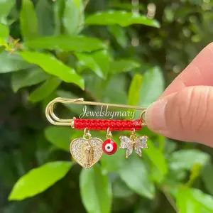 Virgen Mary Red Bow Pin with Heart Charm and Evil Eye Pendant for Women's Accessories