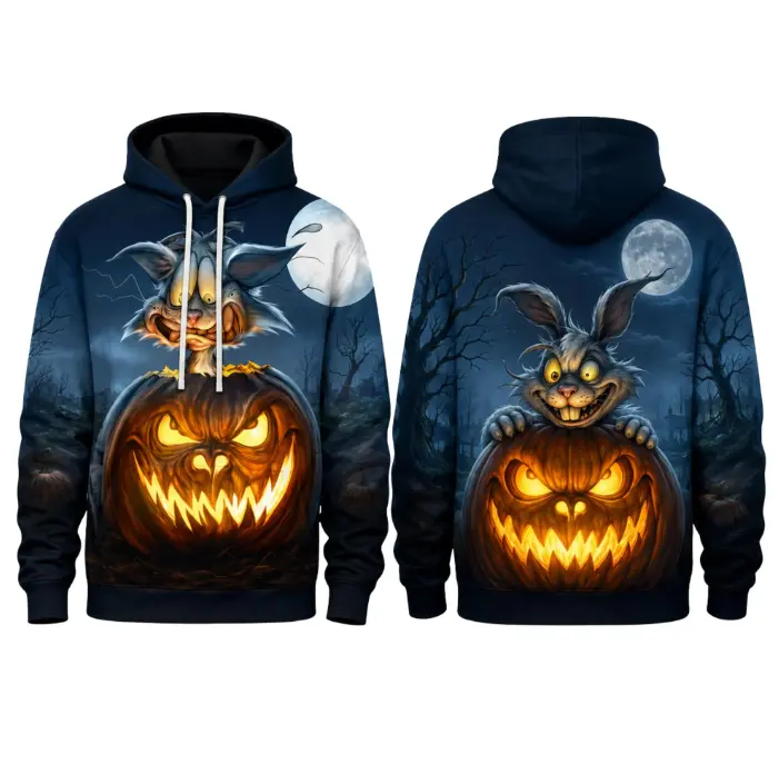 Creepy Rabbit Halloween Hoodie Unisex 3D Pumpkin Horror Pullover Sweatshirt Gift