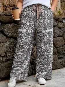 【Plus Size】Leopard Print Raw Edge Patch Pocket Drawstring Loose Fit Pants, Casual Comfy for Daily Wear, for All Seasons, Womenswear