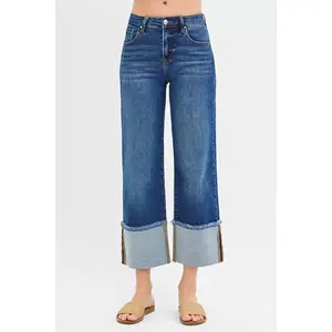 RISEN Mid Rise Crop Wide Wide Cuffed Jeans