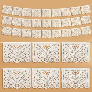 PVC Mexican Cielito Lindo Papel Picado Banner - 3 Packs 59Ft Plastic Festive Decor, Outdoor Party Supplies for Cinco de Mayo, Birthday, Dia de Los Muertos, All White Theme Events
