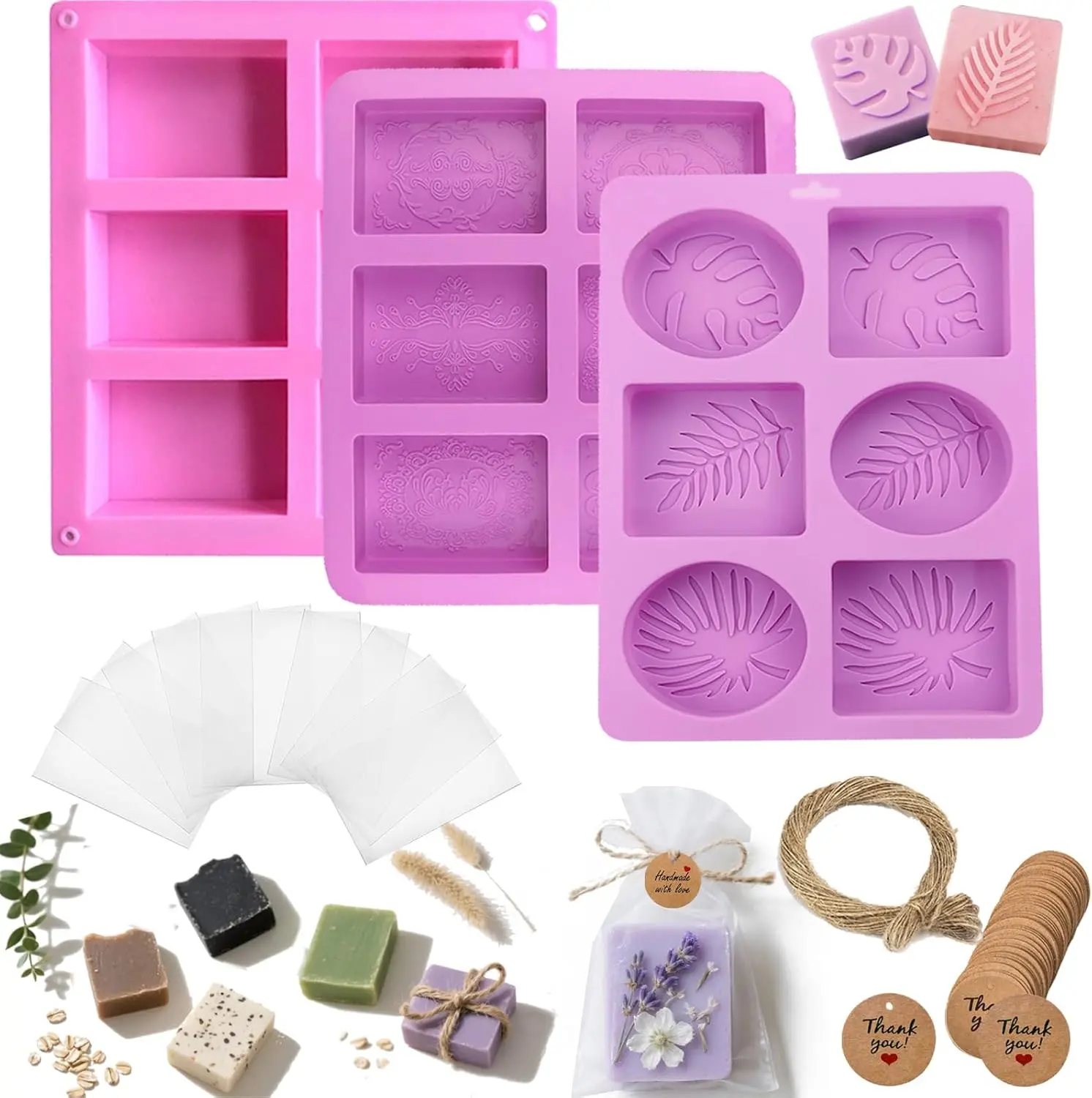 Soap Making Craft Kit for Beginners - Includes 3 Silicone Molds, 48 Gift Bags, 48 Tags, and 65ft Jute Twine, Crafting, Gift Ready, Craft Set