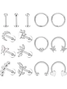 15 Pcs Elegant Silvery Flat Back Piercing Ear Studs for Women Men Premium Stainless Steel Solid Copper Smooth Texture Safe Wearing Performance Full Jewelry Assortment Dazzling Delicate Designs Fine Polished Silvery Finish Bright Exquisite Metallic Gloss