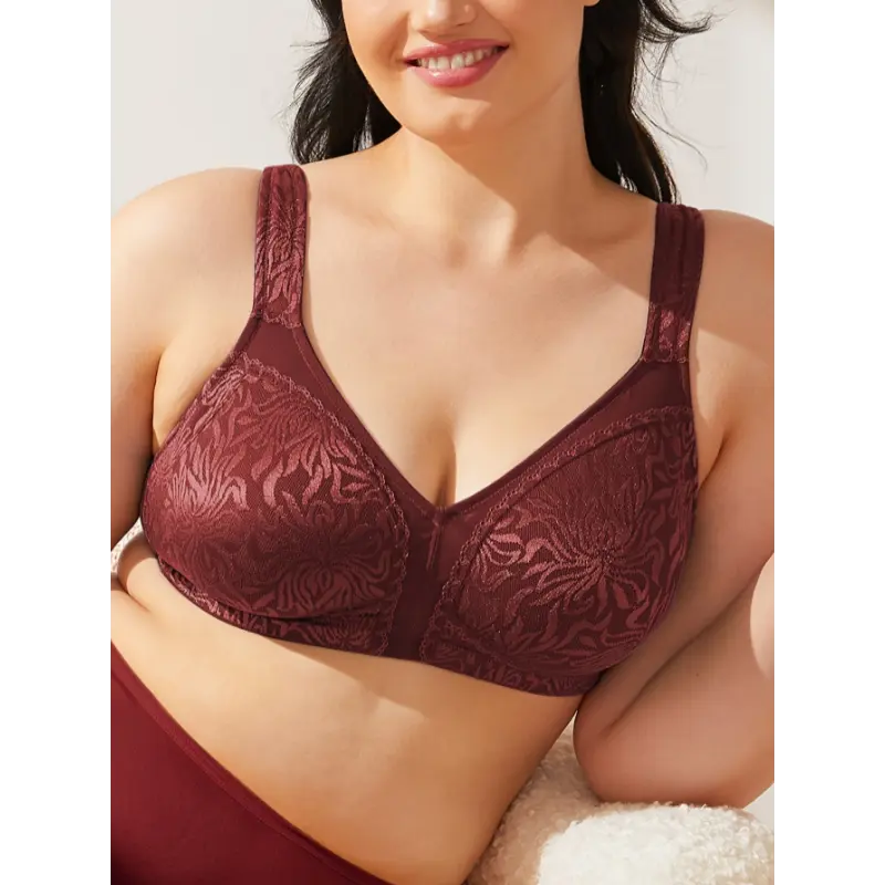 Women's Valentine's Day Elegant Bra, Plus Size Floral Jacquard Non Padded Wireless Minimizer Bra