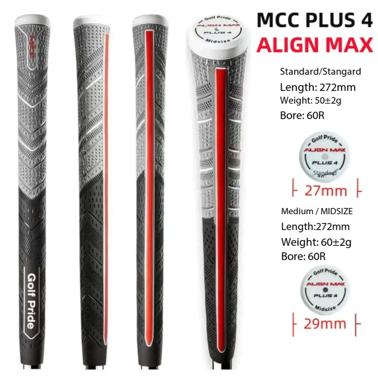 MCC Plus 4 Align Max Golf Club Replacement Grips, Golf Supply, Max Raised Alignment Ridge, Dual Traction Cotton Cord & Rubber Texture, 60R Bore, 272mm Length, Standard/Midsize, Moisture-Wicking Stable Design