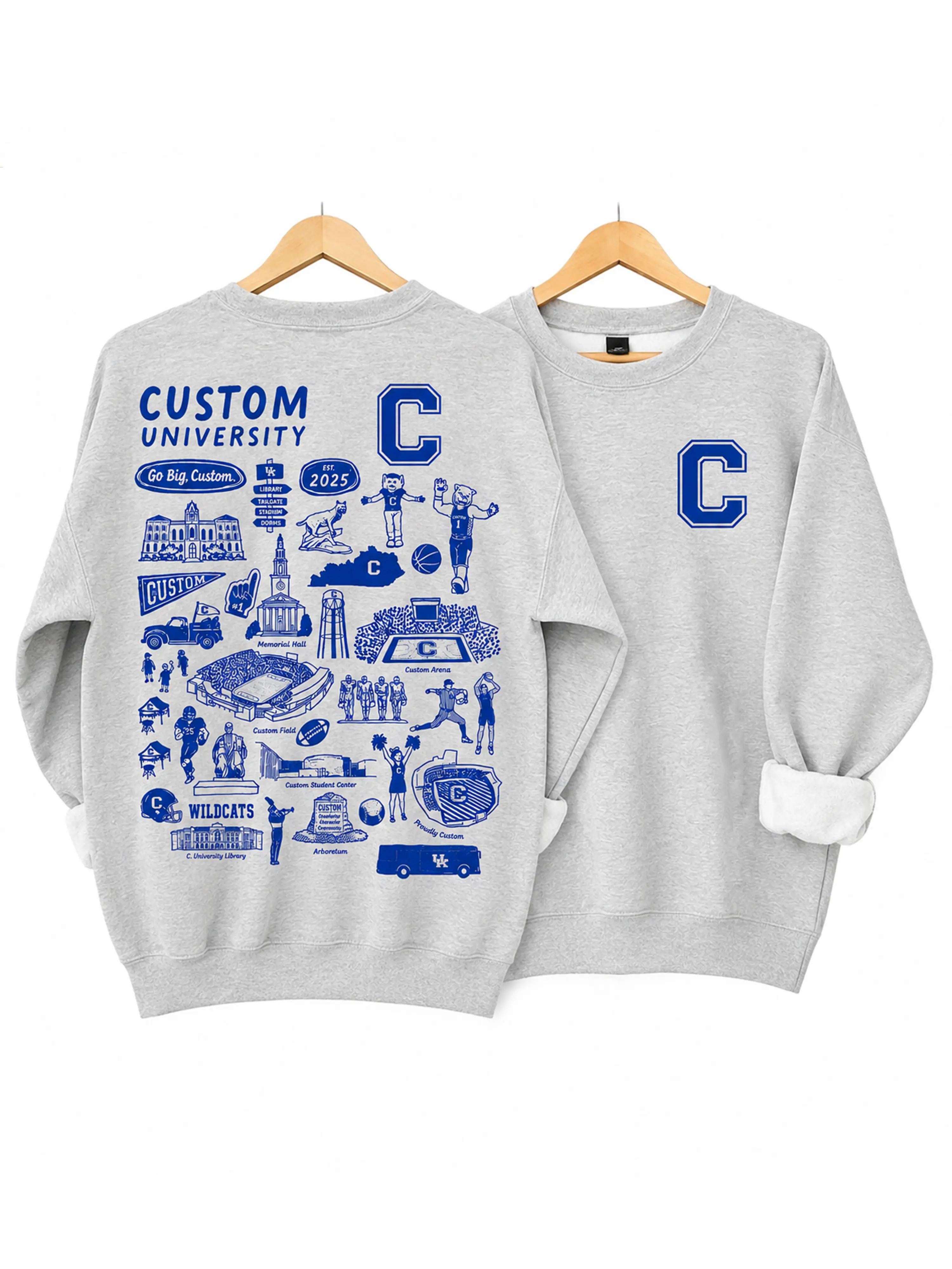 Custom University Hand Sketched Sweatshirt - Ash Grey, Personalized College Sweatshirt, Game Day Outfit, Gift for Fans, Menswear & Womenswear