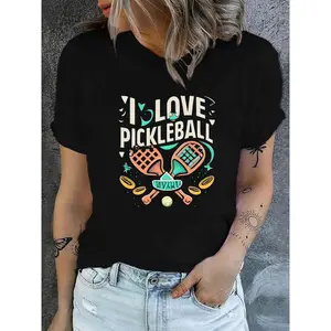 Women's 180g Black Cotton Comfort Fit Crew Neck Short Sleeve Graphic Tee - "I Love Pickleball" Printed T-Shirt, Stylish Casual Pickleball Paddle and Ball Design, Perfect for Pickleball Enthusiasts, Breathable Lightweight Summer Shirt, Ideal Sportswear for