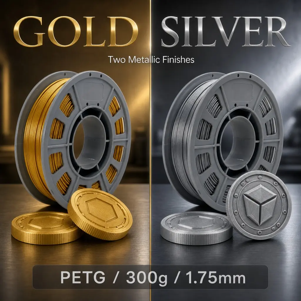 Metallic Gold & Silver PETG Filament Set, 2-Pack Slim Spool (300g/Spool), 1.75mm Dual Tone Luxury Craft Mirror Shine for FDM 3D Printers