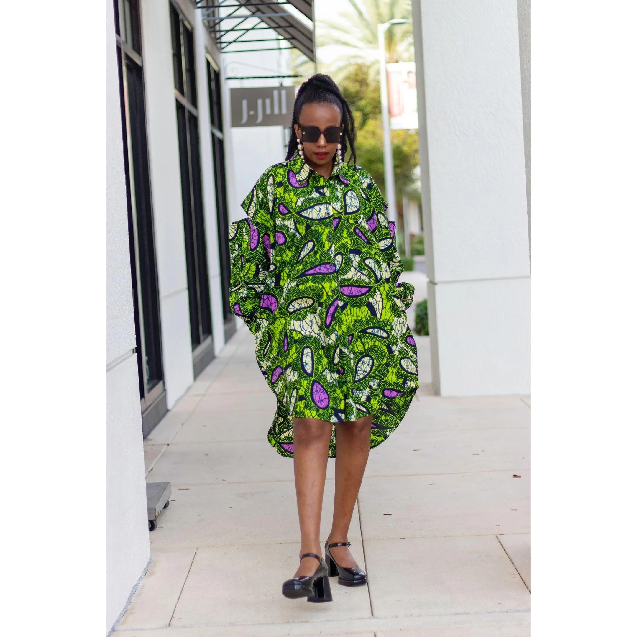 African Print/Ankara/Kitenge High-Low Oversized Shirt with Drop Sleeves and Pockets - Green/Purple/Cream White  and Black motif Print