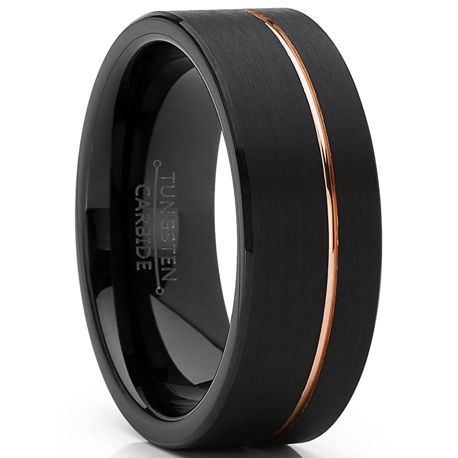 8mm Tungsten Carbide Ring for Men, Scratch-Resistant Brushed Black Metal Wedding Band with Rose Goldtone Groove, Comfortable Fit, Metal Rings, Beautiful Rings