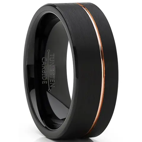 Men's 8mm Hypoallergenic Tungsten Carbide Ring - Black Metal Plated, Brushed Grooved, Rose Goldtone Accent, Laser Engraved, Cobalt-Complimentary, Customized Modern Wedding Accessory, Casual Comfortable Fit, Men's Jewelry Gift for Male, Solid Metal Band