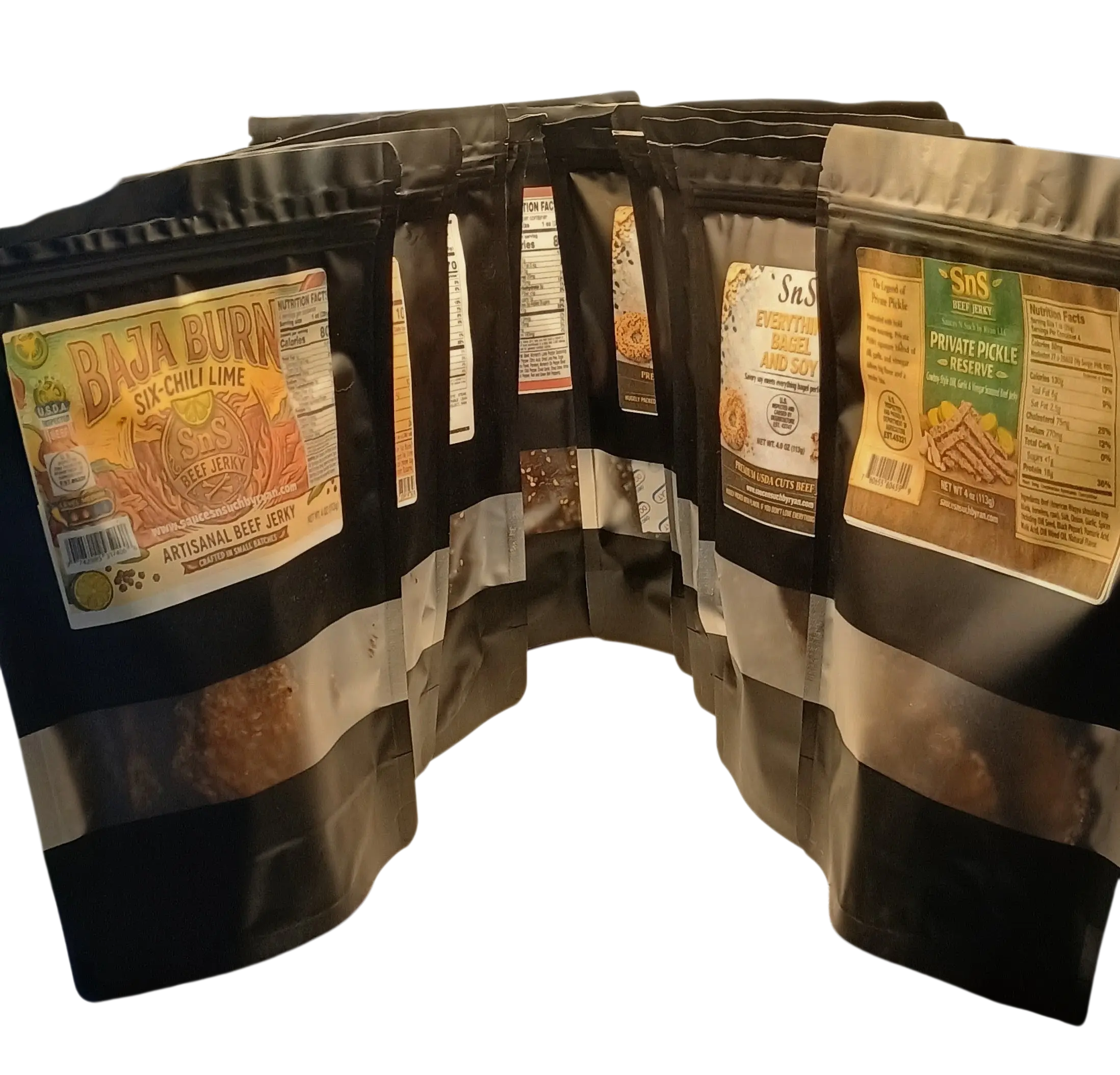 SnS Beef Jerky BYO 10-Pack (2.5 lbs Total) - Mix & Match 7 Flavors: 12 Finger Mesquite, Caribbean Chip, VA Garlic Pepper, Everything Bagel & Soy, Hot Korean BBQ, Baja Burn 6 Chili Lime, Pickle Jerky