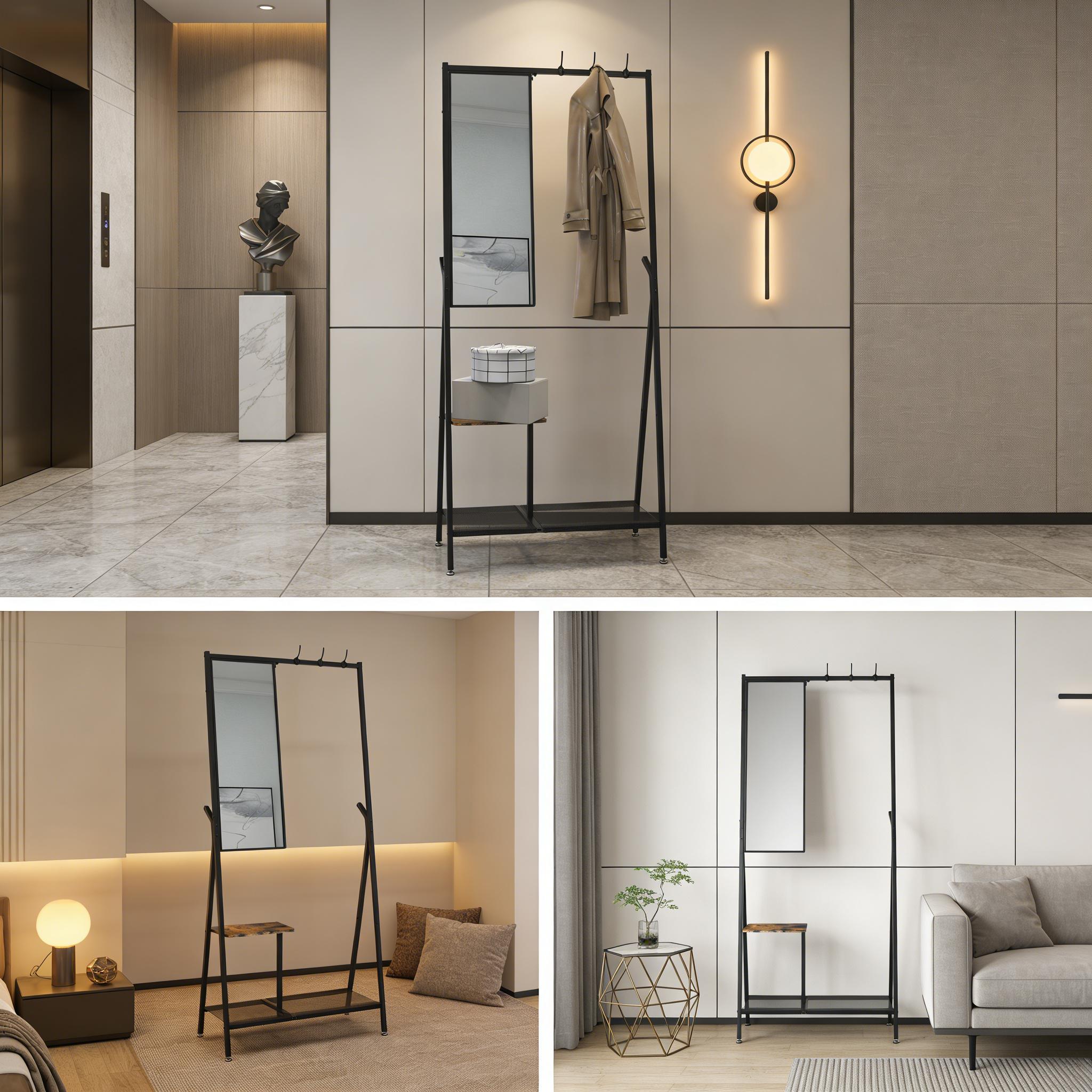 CoatRackwithMirror-MultifunctionalHallTreewithShoeStorage,MetalFrame73"TallIndustrialStyleRusticBrownBlackforEntrywayLivingRoomBedroom,SpaceSavingWallMountedFreestandingOrganizerFurnitureforApartmentDormEssentials