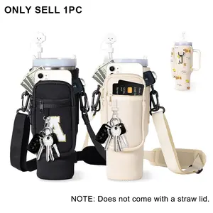 Water Bottle Carrier with Phone Pocket, Fits 40oz Stanley Cup, Adjustable Shoulder Strap Sling Bag, Includes Key rings & Carabiner, Travel Hydration Sleeve for Tumbler