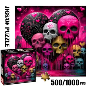 1pc 1000 piece adult puzzle 58x58cm Skulls and Heart with Floral Patterns and Dripping Effect 500 pieces paper jigsaw puzzle suitable for DIY creative games for adults and families, birthday and hol