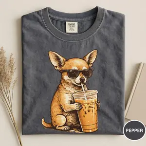Comfort Colors® Chihuahua Drinking Iced Coffee Shirt, Animal Meme Graphic Tee, Funny Chihuahua Shirt, Cute Chihuahua Shirt, Chihuahua Mom