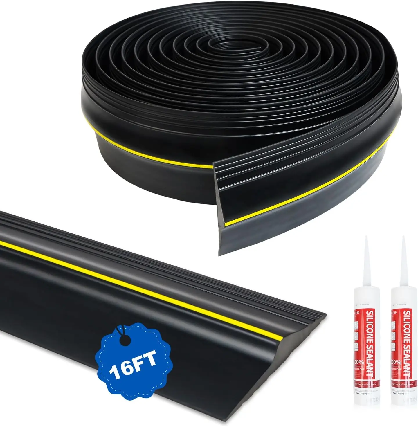 Universal Threshold Seal Strip with Sealants/Adhesive - 16FT  Garage Door Bottom Rubber - DIY Weather Stripping Replacement - Black