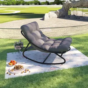 Garvee Papasan Rocking Chair Outdoor, Adjustable Patio Rocker with Metal Frame, 450 LBS Capacity, Heavy Duty Comfy Cushion Lounge Chair for Porch, Garden, Living Room - Grey