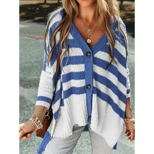 Women’s color-blocked striped print button-front cardigan with a high-low hem, autumn/winter casual off-shoulder long-sleeve V-neck cardigan, women’s knitted everyday wear GARMENTARY